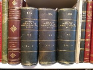 A bookshelf containing a number of leather-bound books